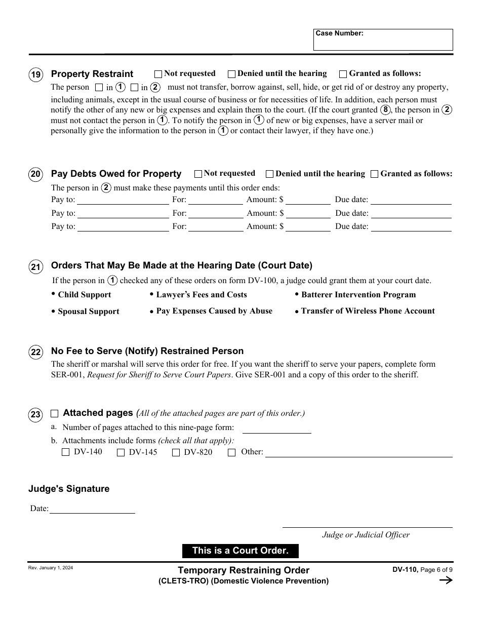 Form DV-110 Temporary Restraining Order - California, Page 6