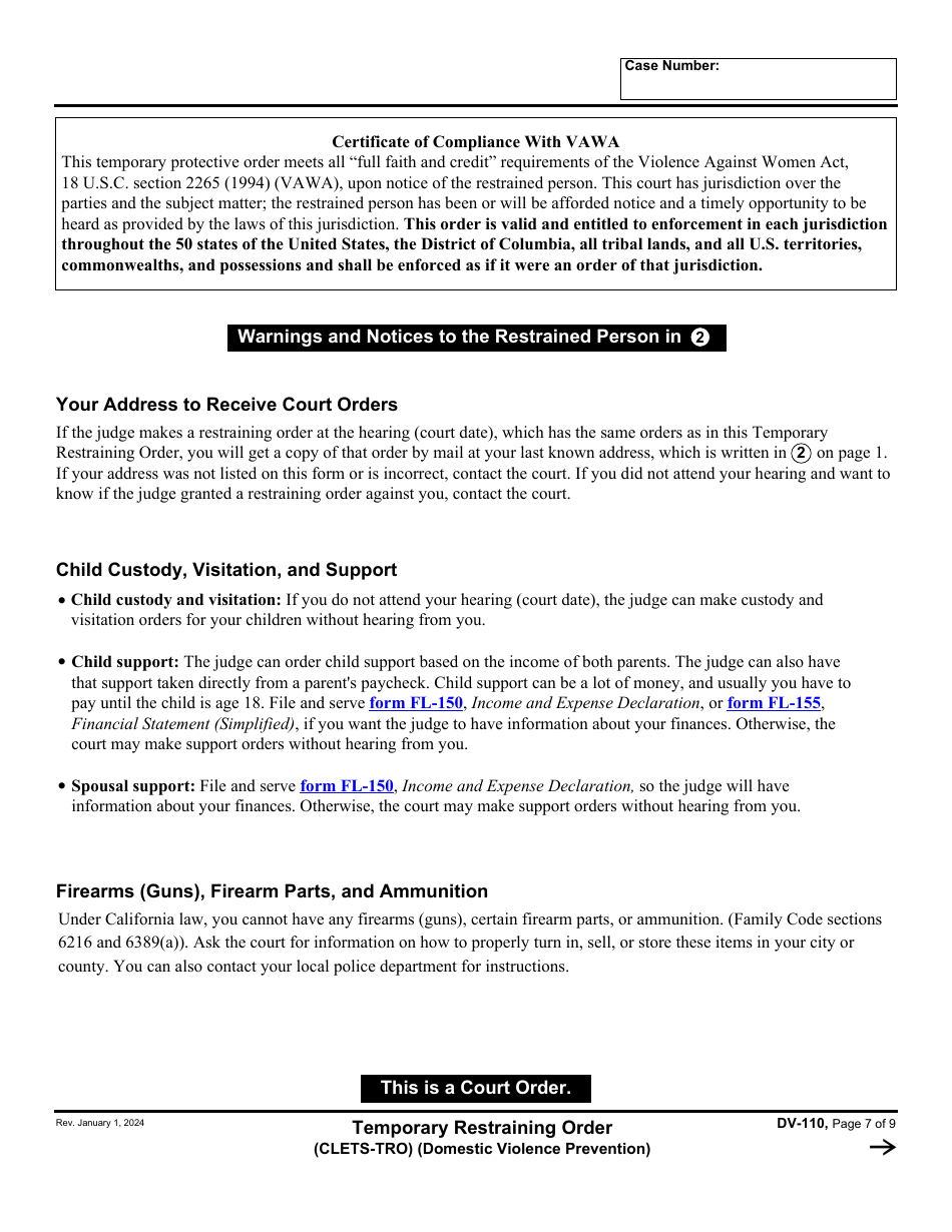 Form DV-110 Temporary Restraining Order - California, Page 7