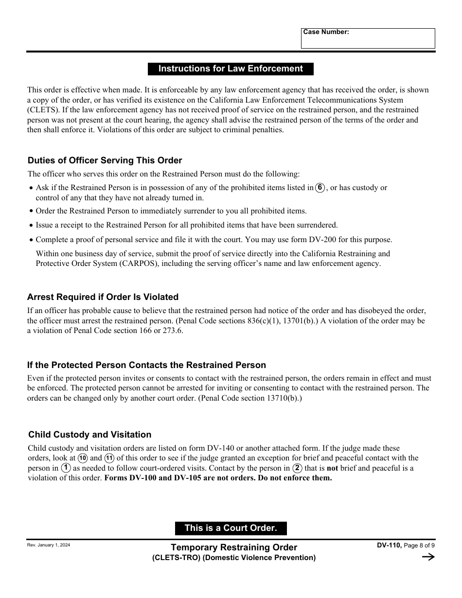 Form DV-110 Temporary Restraining Order - California, Page 8