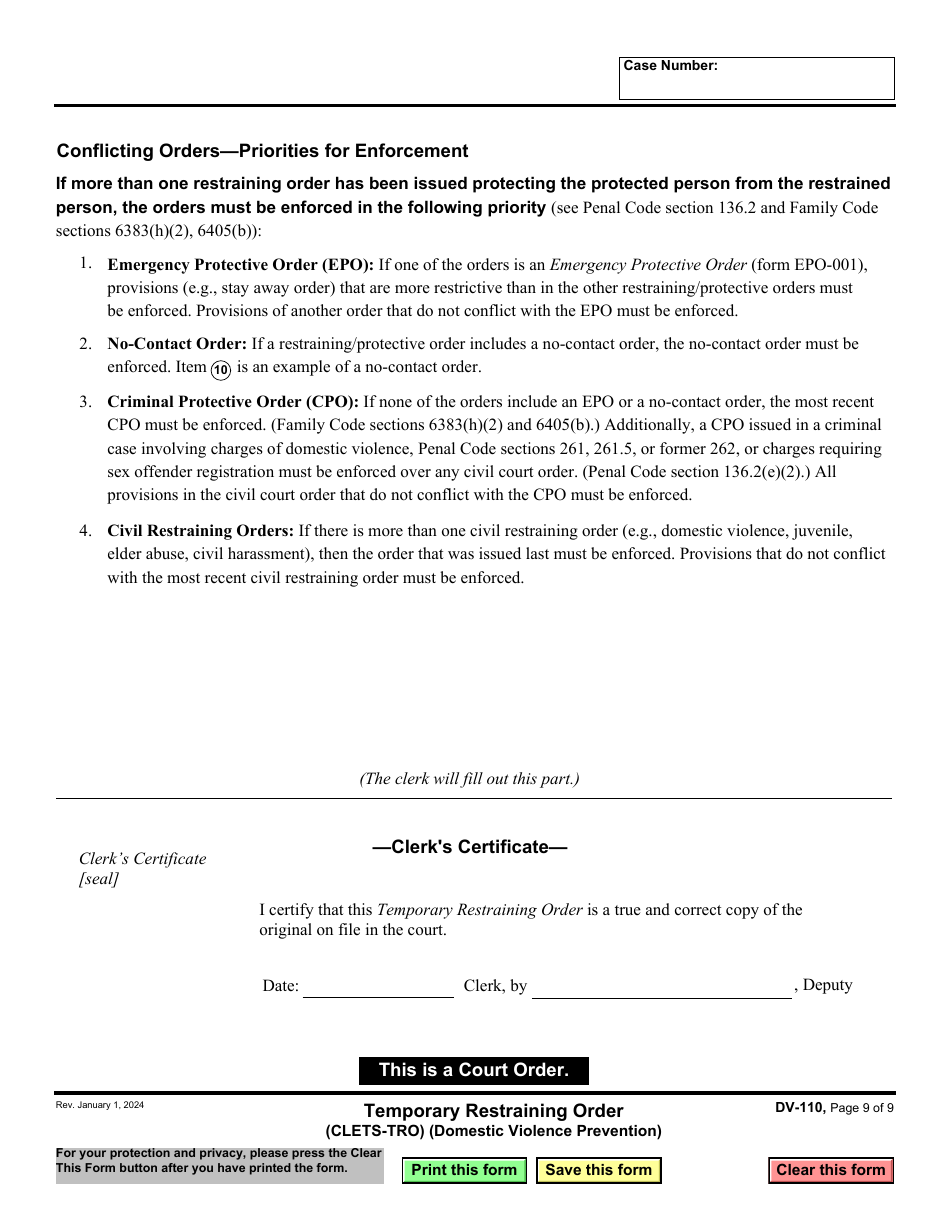 Form DV-110 Temporary Restraining Order - California, Page 9