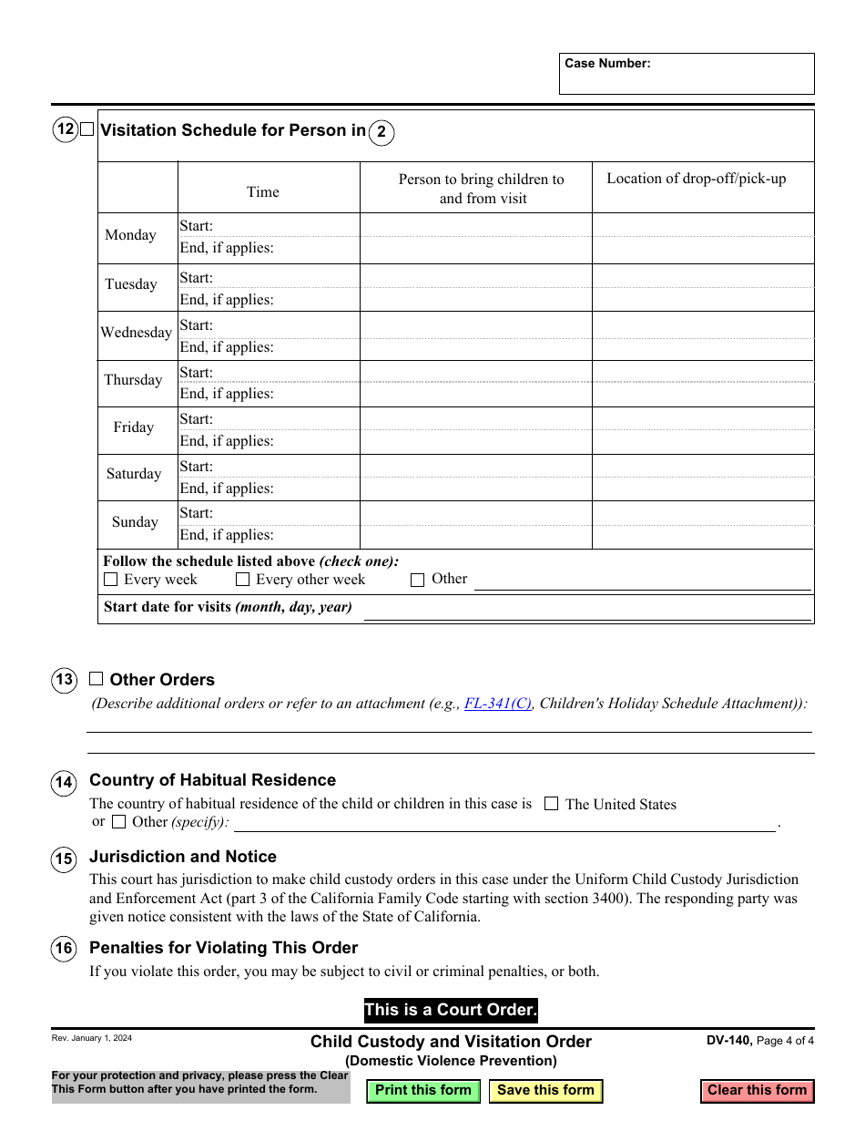 Form DV-140 Child Custody and Visitation Order - California, Page 4