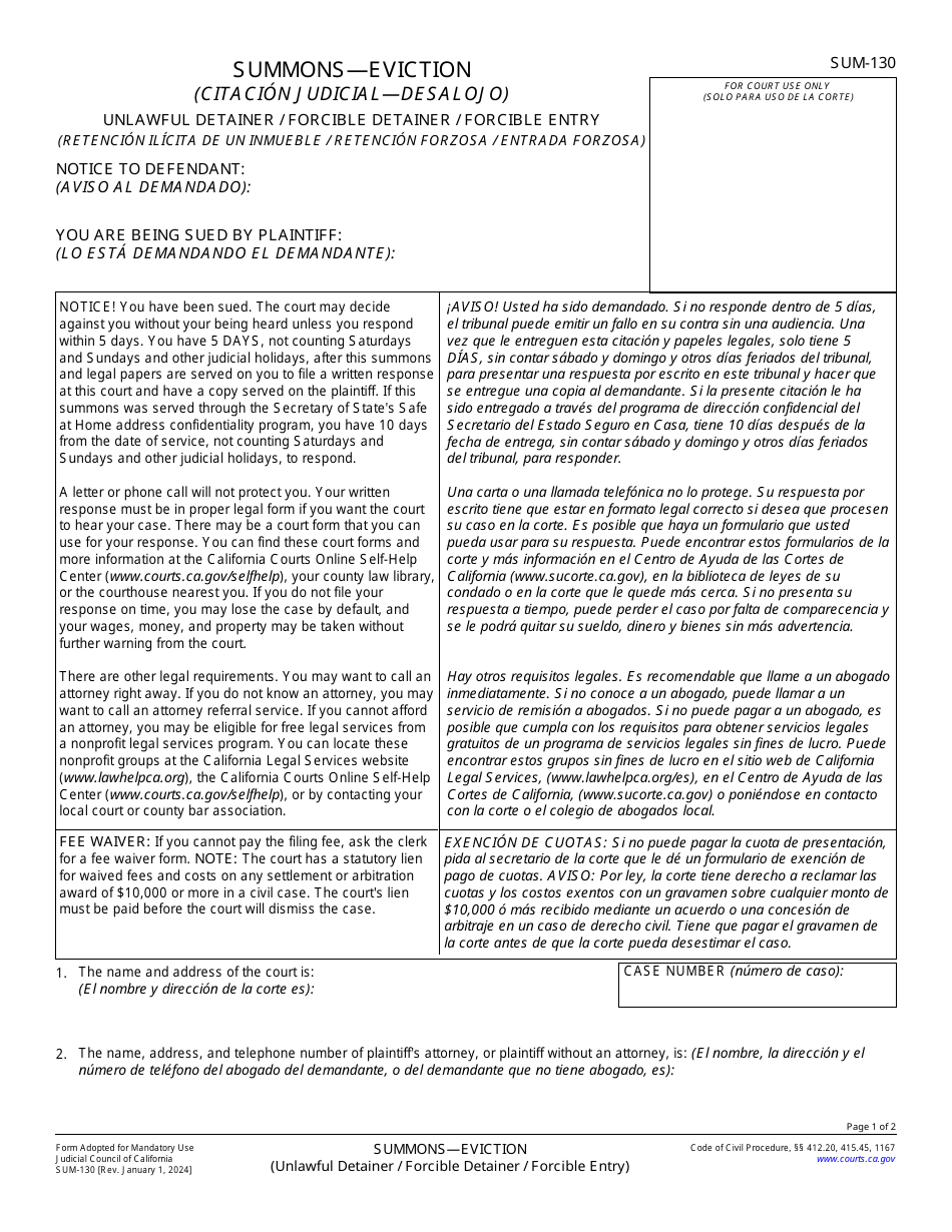 Form SUM-130 Download Fillable PDF Or Fill Online Summons - Unlawful ...