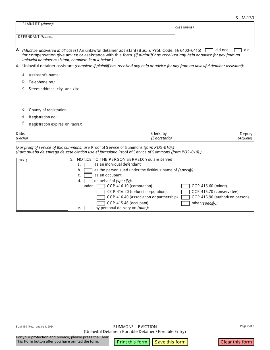 Form Sum-130 Download Fillable Pdf Or Fill Online Summons - Unlawful 