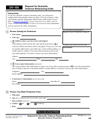 Document preview: Form DV-100 Request for Domestic Violence Restraining Order - California