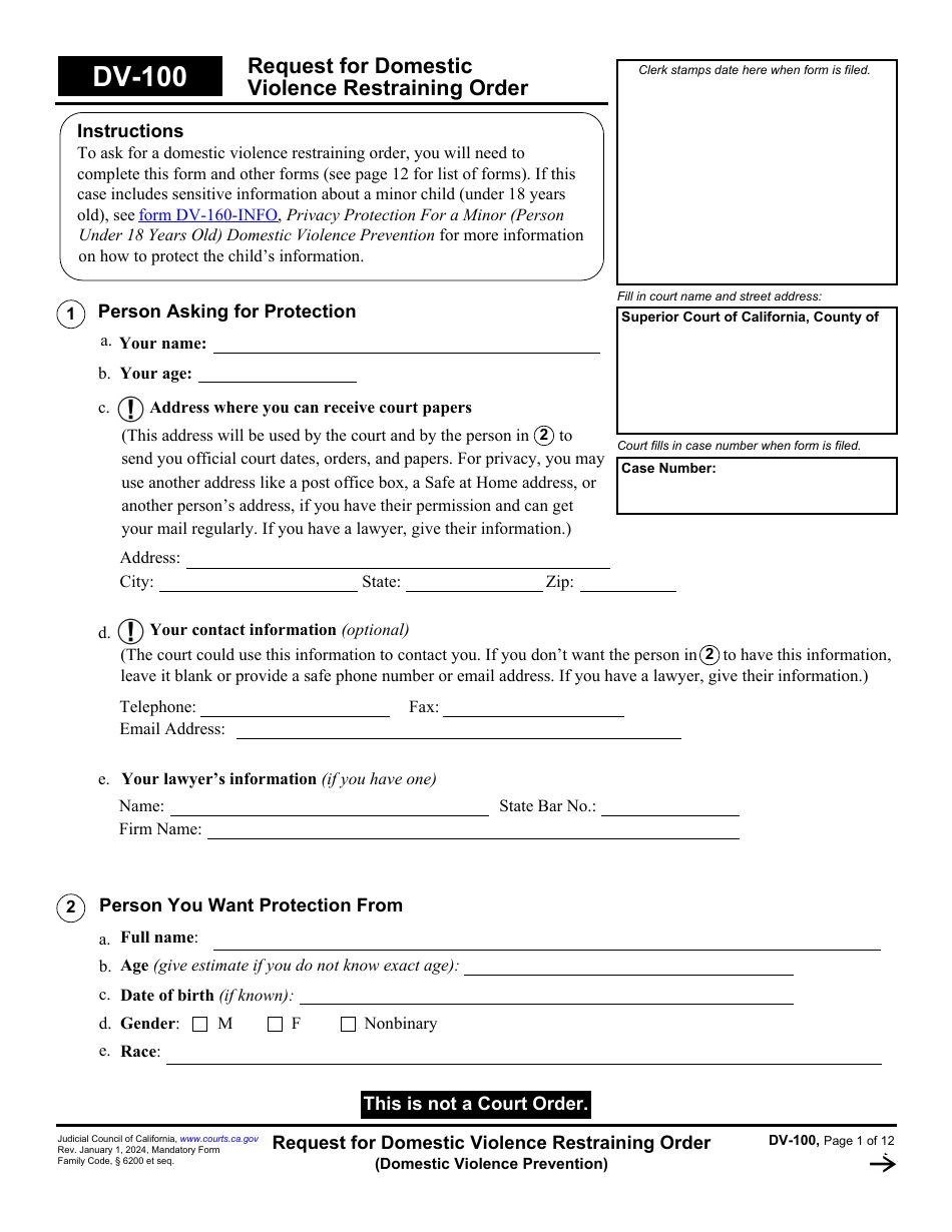 Form DV-100 Request for Domestic Violence Restraining Order - California, Page 1