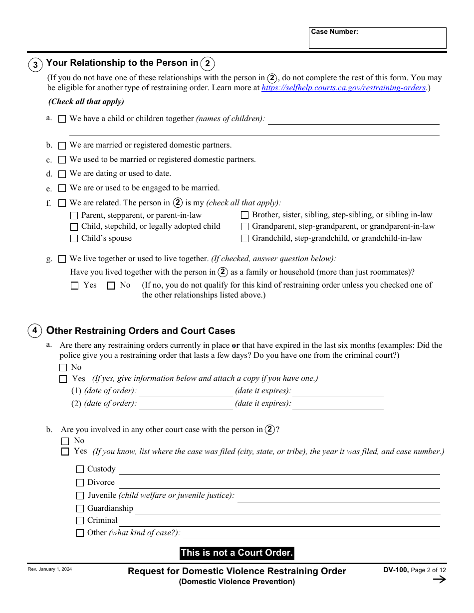 Form DV-100 Request for Domestic Violence Restraining Order - California, Page 2