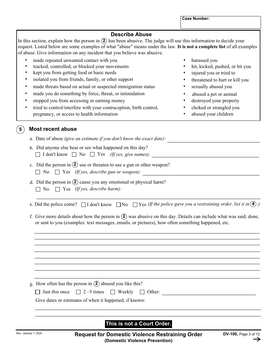 Form DV-100 Request for Domestic Violence Restraining Order - California, Page 3