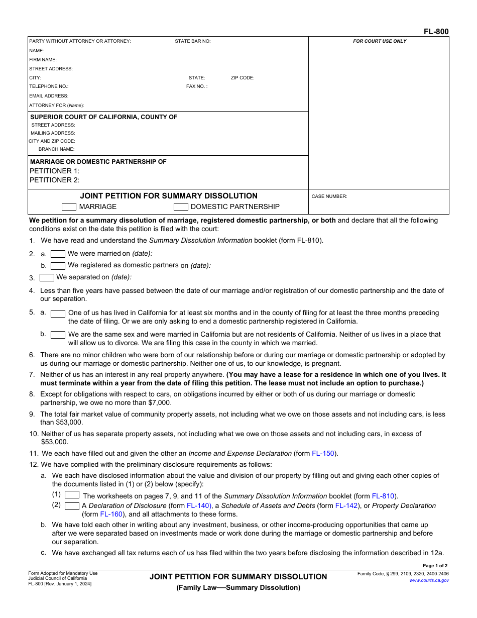 Form FL-800 Joint Petition for Summary Dissolution - California, Page 1