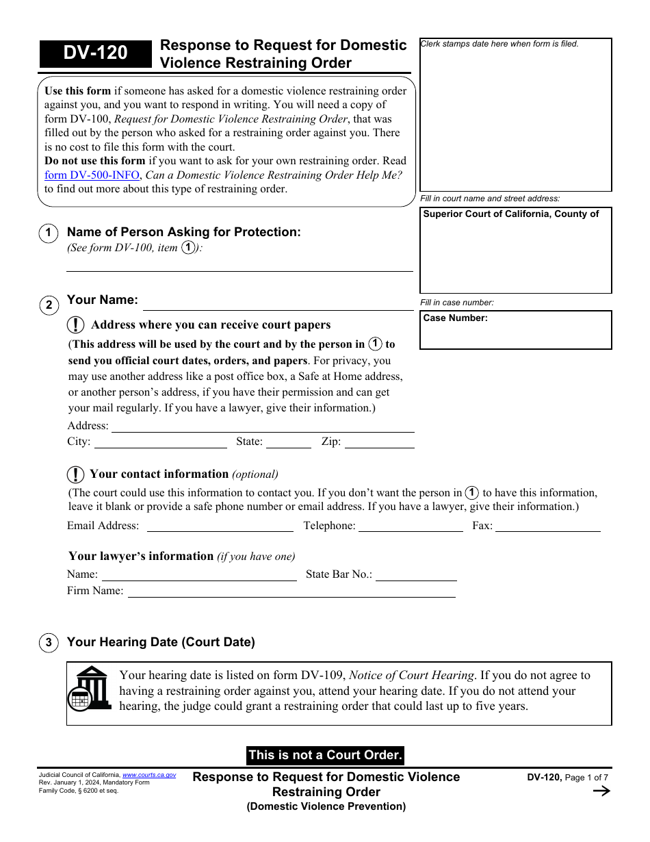 Form DV-120 Response to Request for Domestic Violence Restraining Order - California, Page 1