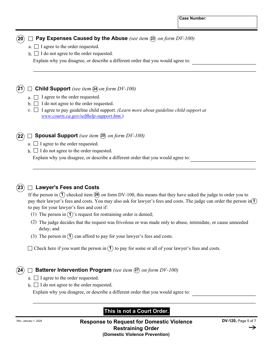 Form DV-120 Response to Request for Domestic Violence Restraining Order - California, Page 5