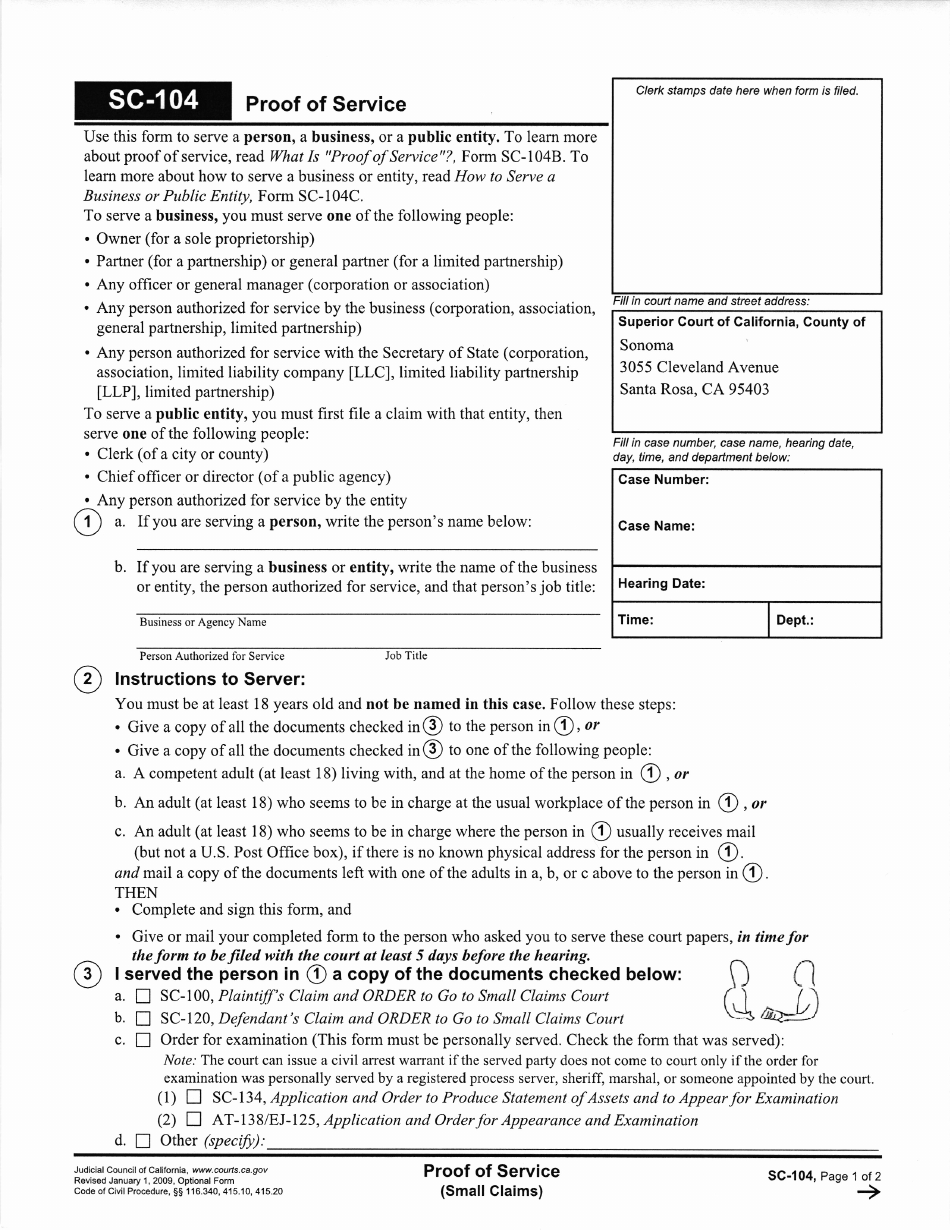 Form SC-104 Proof of Service - County of Sonoma, California, Page 1