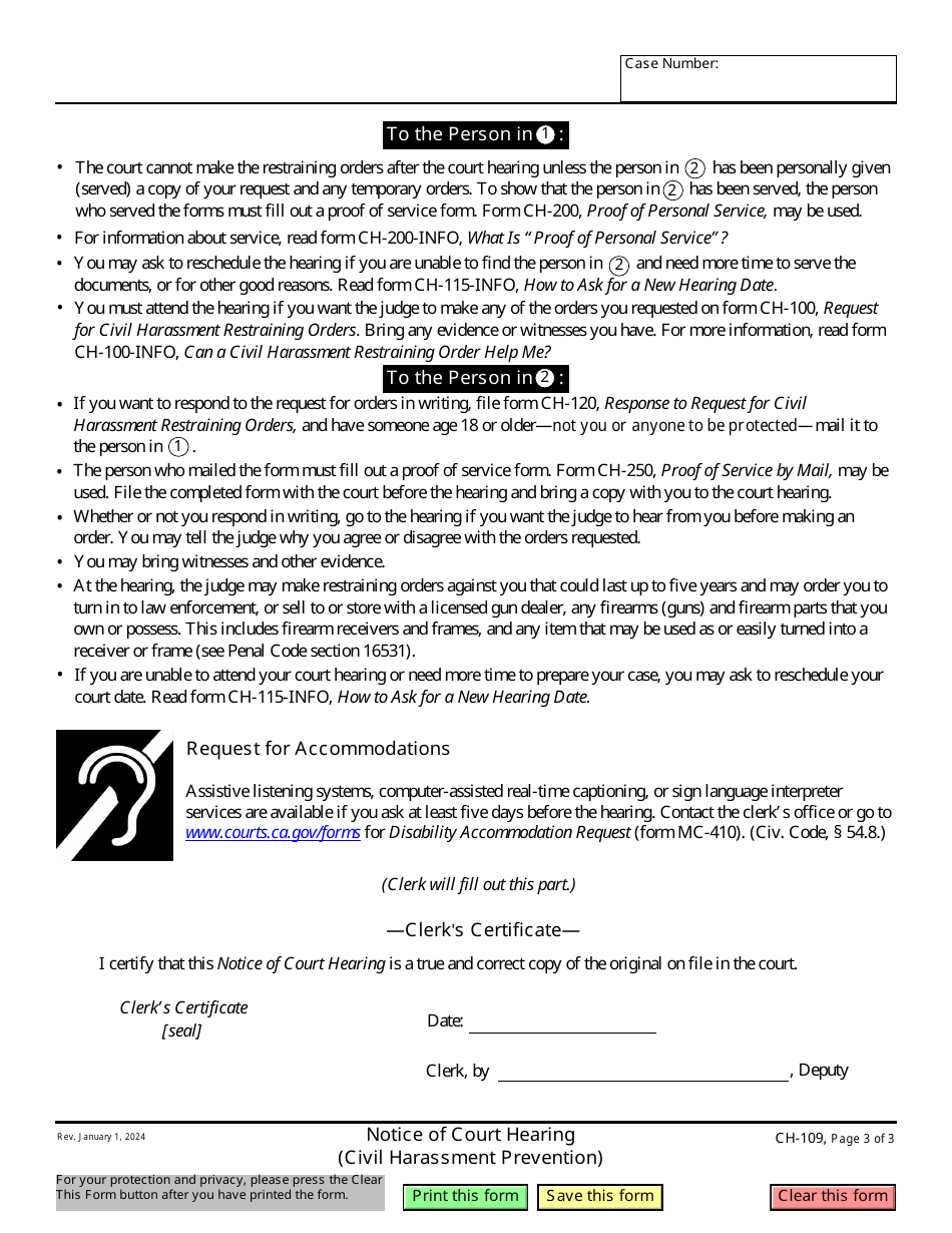 Form CH-109 Notice of Court Hearing - California, Page 3