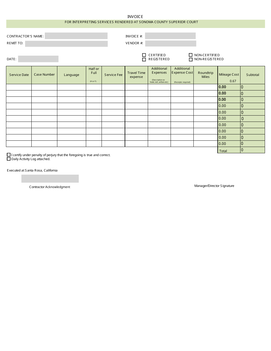 Invoice for Interpreting Services Rendered at Sonoma County Superior Court - Sonoma County, California, Page 1