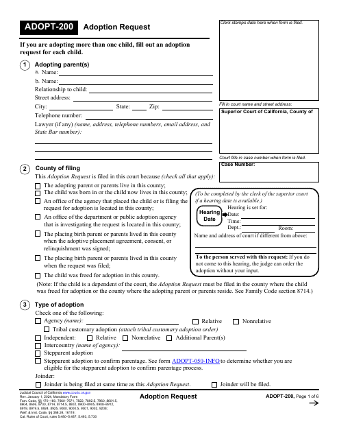 Form ADOPT-200 Adoption Request - California