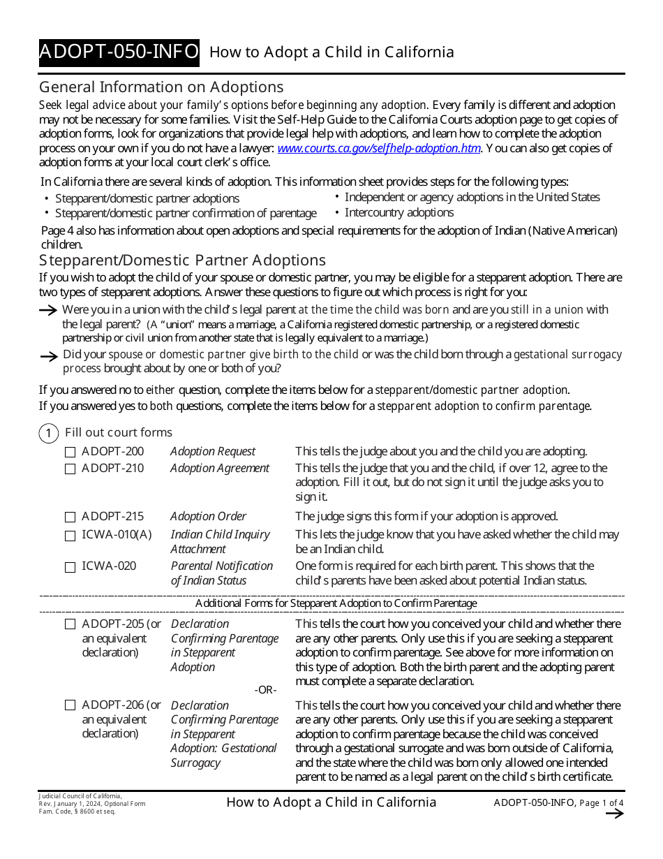 Form ADOPT-050-INFO How to Adopt a Child in California - California, Page 1