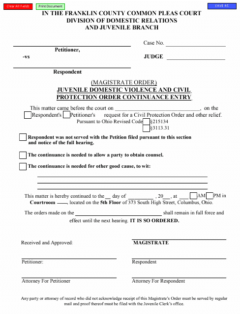 Juvenile Domestic Violence and Civil Protection Order Continuance Entry - Franklin County, Ohio