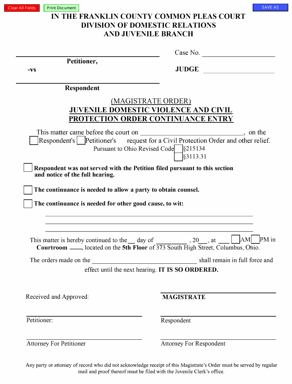 Juvenile Domestic Violence and Civil Protection Order Continuance Entry - Franklin County, Ohio, Page 1
