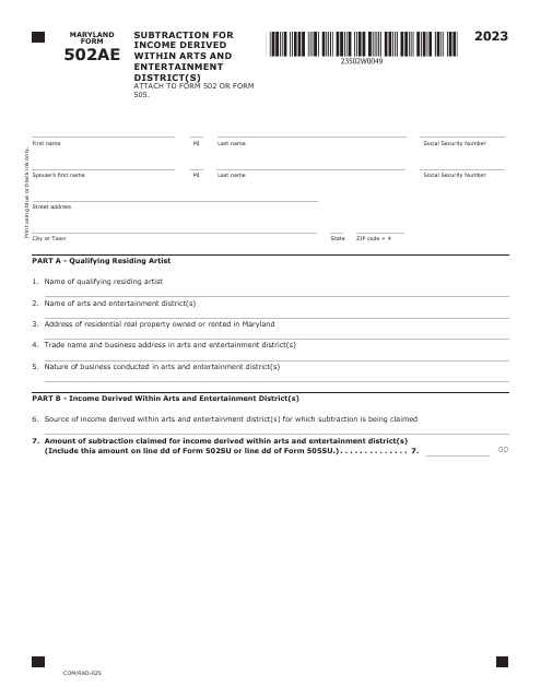 Maryland Form 502AE (COM/RAD-025) 2023 Printable Pdf