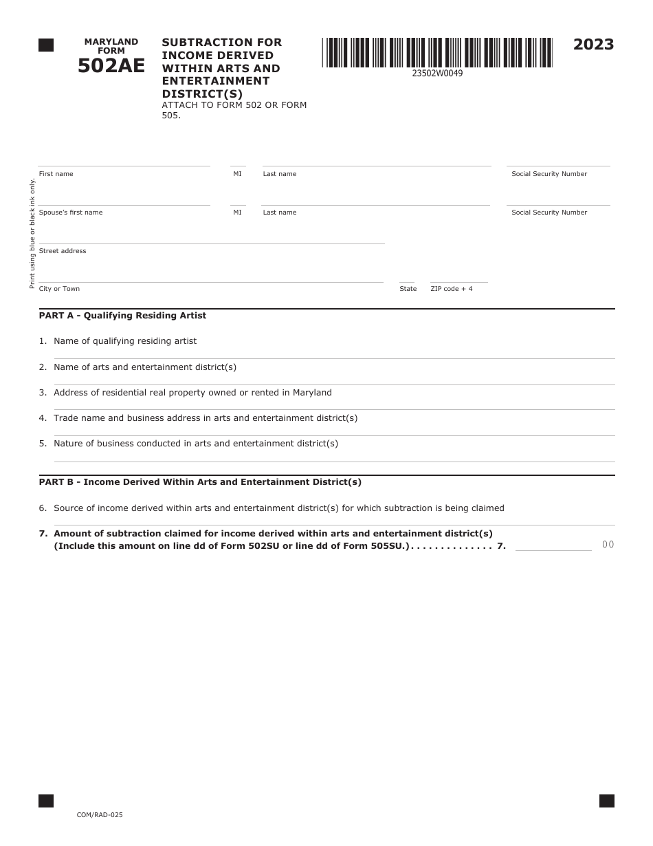 Maryland Form 502AE (COM / RAD-025) Subtraction for Income Derived Within Arts and Entertainment District(S) - Maryland, Page 1