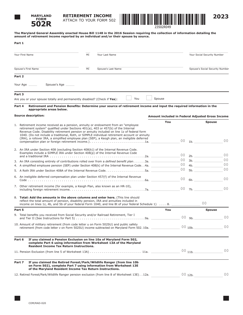 Maryland Form 502R (COM / RAD-020) Retirement Income - Maryland, Page 1