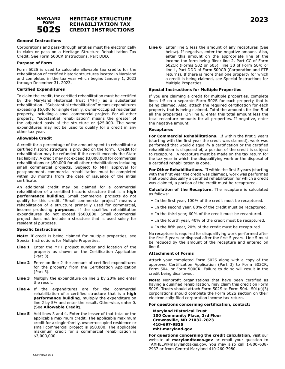 Maryland Form 502S (COM / RAD031) Heritage Structure Rehabilitation Tax Credit - Maryland, Page 2