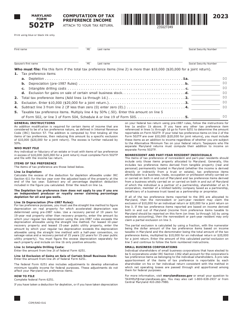Maryland Form 502TP (COM/RAD-016) Computation of Tax Preference Income - Maryland, 2023