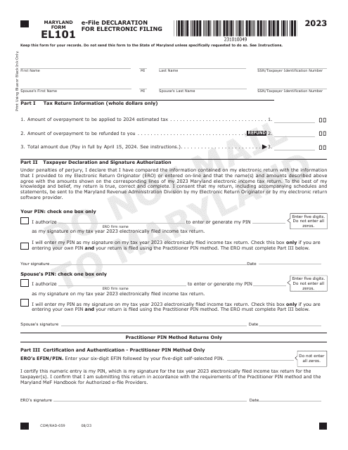 Maryland Form EL101 (COM/RAD-059) 2023 Printable Pdf