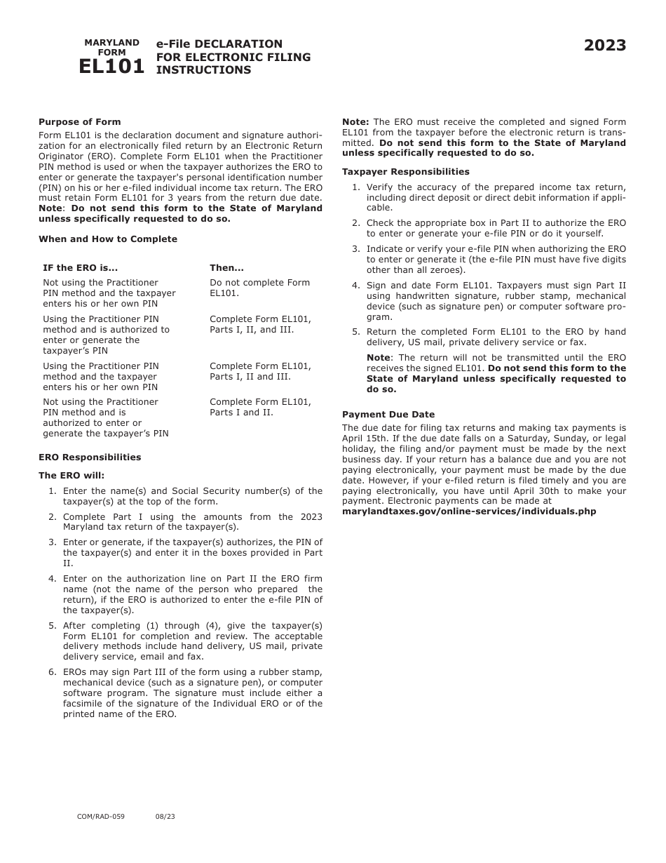 Maryland Form EL101 (COM / RAD-059) E-File Declaration for Electronic Filing - Maryland, Page 2