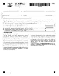 Document preview: Maryland Form 502V (COM/RAD018) Use of Vehicle for Charitable Purposes - Maryland, 2023