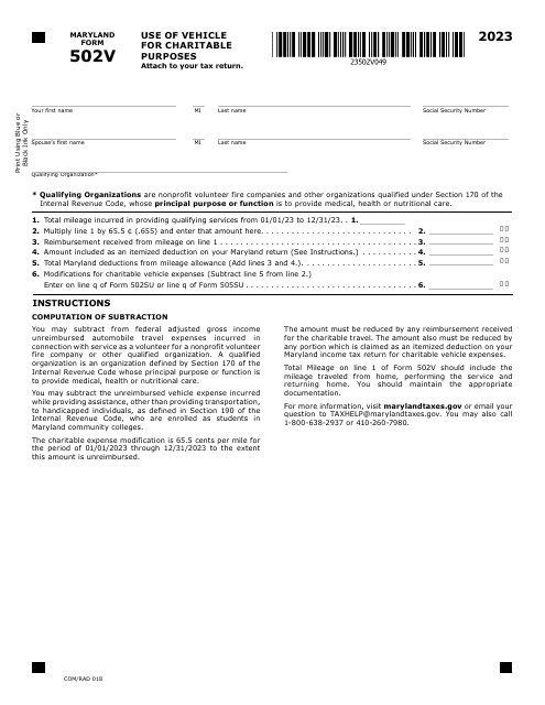Maryland Form 502V (COM/RAD018) 2023 Printable Pdf