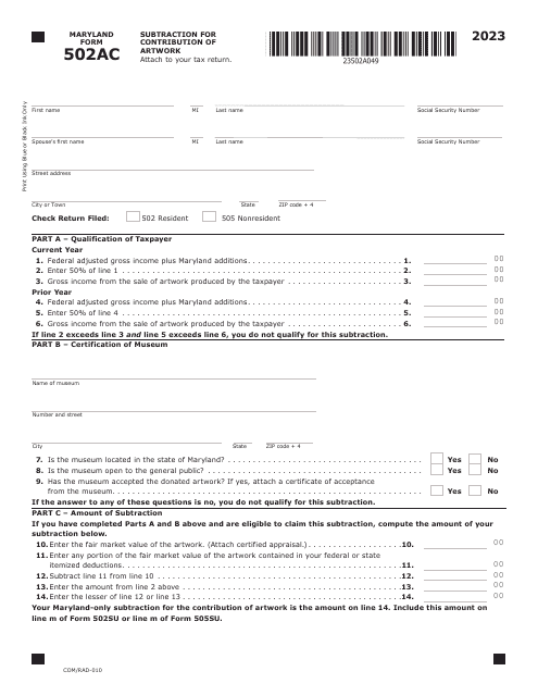 Maryland Form 502AC (COM/RAD-010) 2023 Printable Pdf