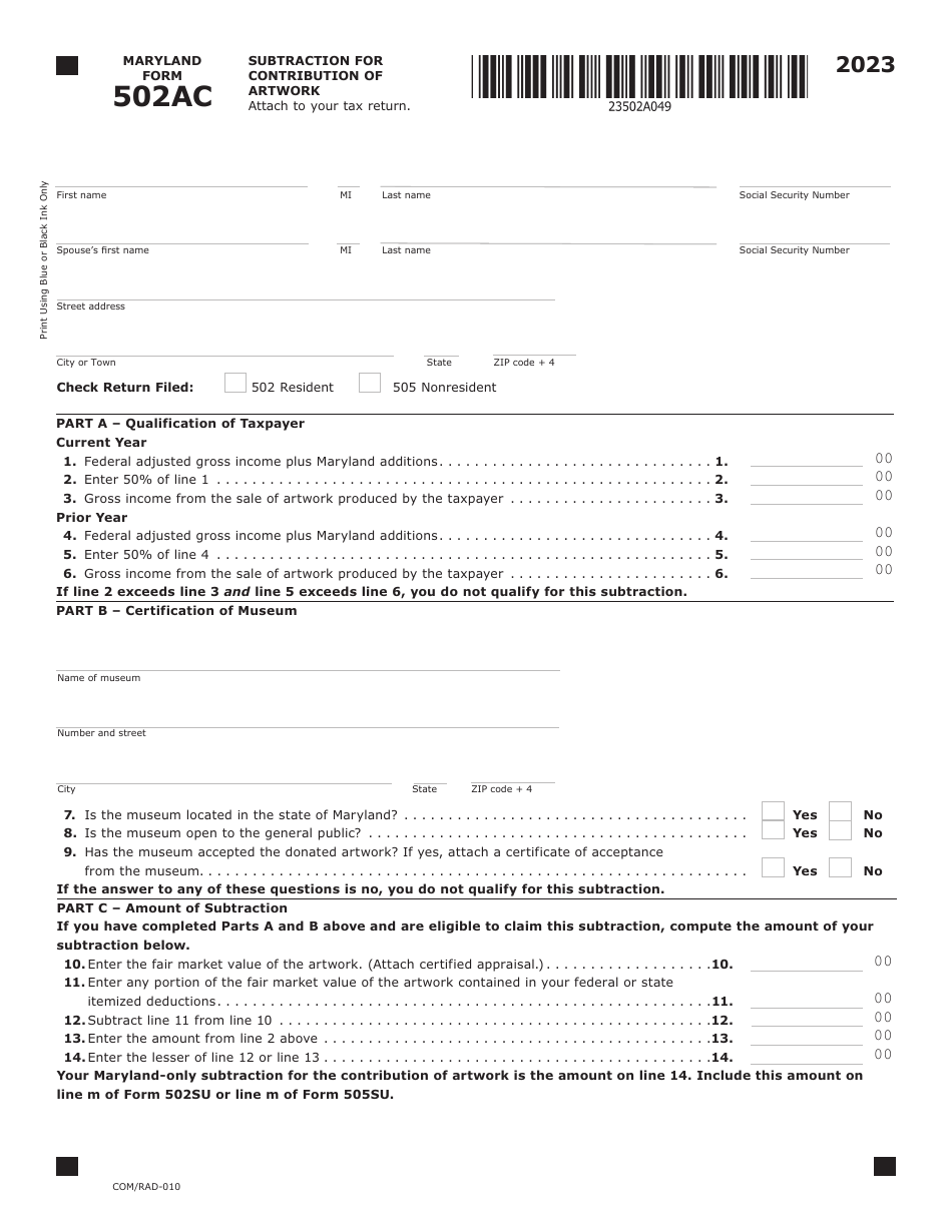 Maryland Form 502AC (COM / RAD-010) Subtraction for Contribution of Artwork - Maryland, Page 1