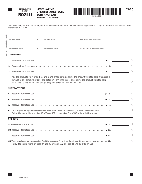 Maryland Form 502LU (COM/RAD-009.1) 2023 Printable Pdf