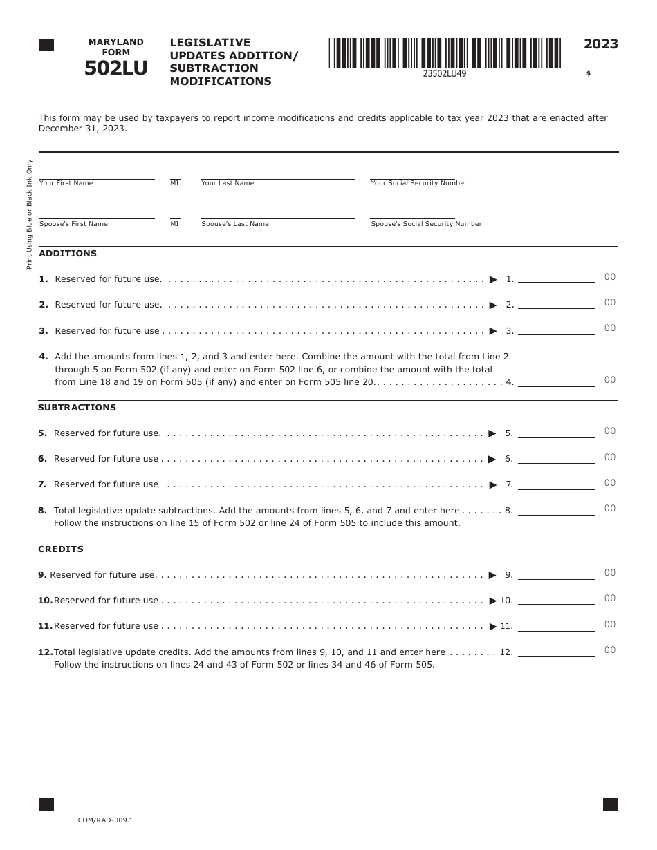 Maryland Form 502LU (COM / RAD-009.1) Legislative Updates Addition / Subtraction Modifications - Maryland, Page 1