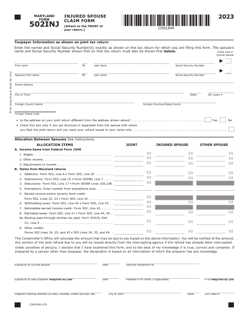 Maryland Form 502INJ (COM/RAD-070) Injured Spouse Claim Form - Maryland, 2023