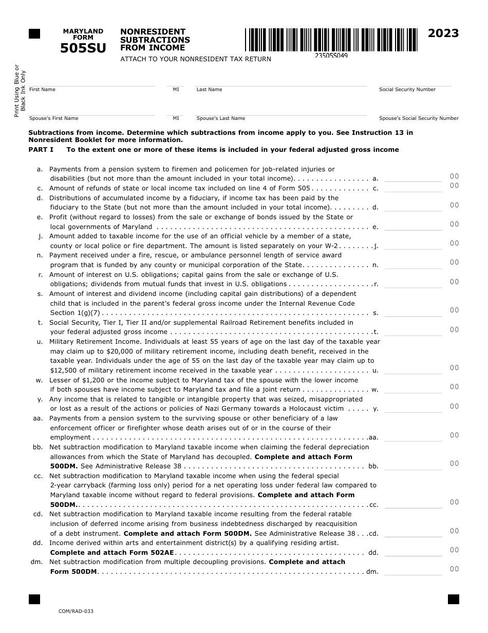 Maryland Form 505SU (COM/RAD-033) - 2023 - Fill Out, Sign Online and ...