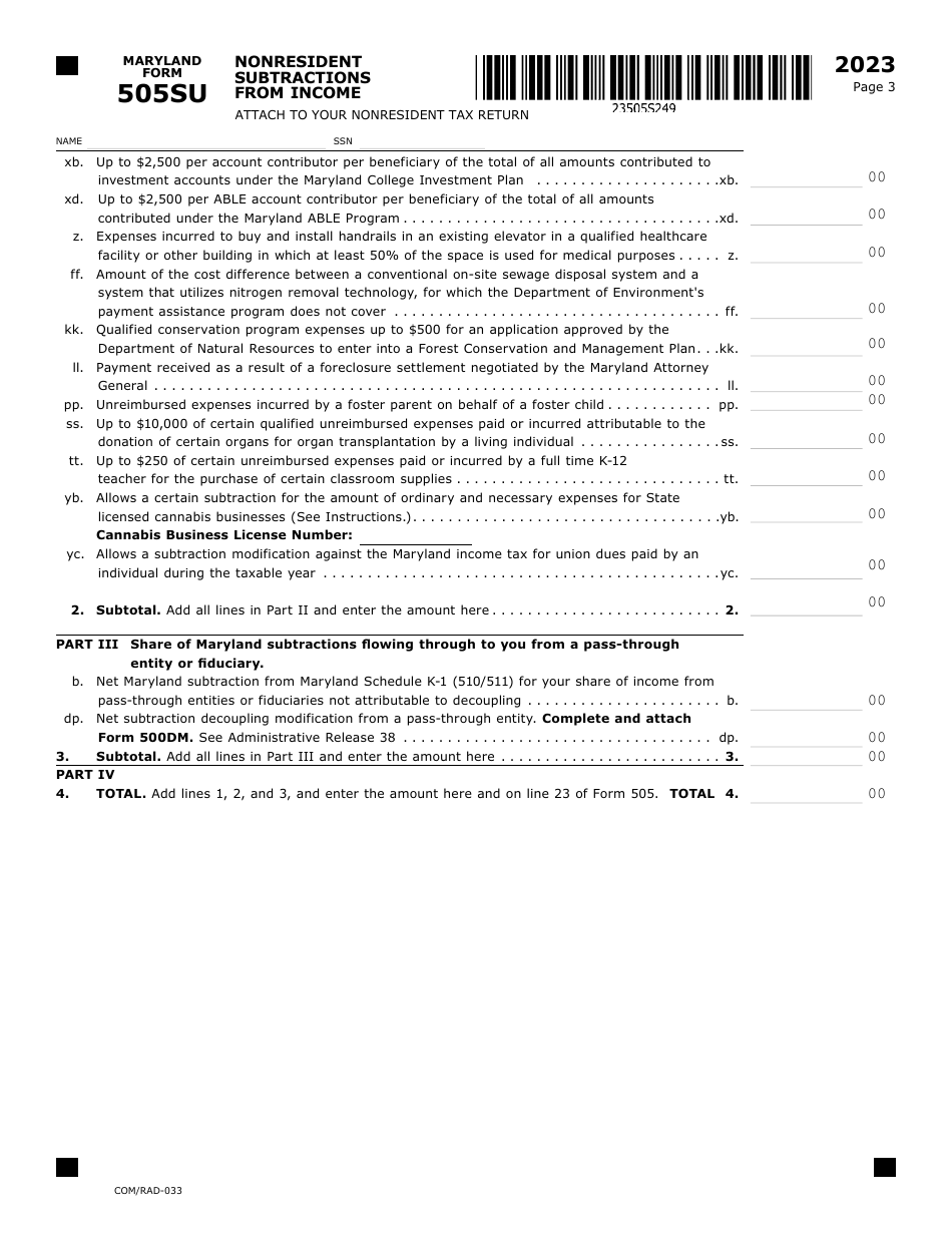 Maryland Form 505SU (COM / RAD-033) Nonresident Subtractions From Income - Maryland, Page 3