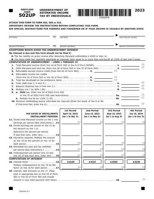 Maryland Form 502UP (COM/RAD017) Underpayment of Estimated Income Tax by Individuals - Maryland, 2023