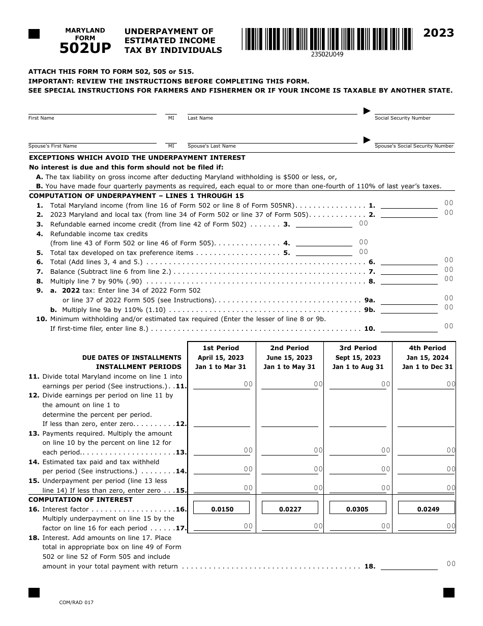 Maryland Form 502UP (COM / RAD017) Underpayment of Estimated Income Tax by Individuals - Maryland, Page 1