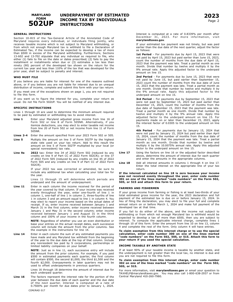 Maryland Form 502UP (COM / RAD017) Underpayment of Estimated Income Tax by Individuals - Maryland, Page 2