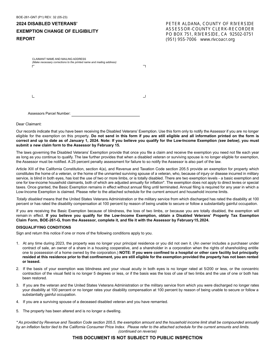 I 261 Form.pdf Form BOE-261-GNT Download Fillable PDF or Fill Online Disabled Veterans ...