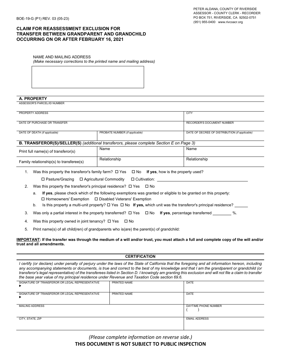 Form BOE-19-G Claim for Reassessment Exclusion for Transfer Between Grandparent and Grandchild Occurring on or After February 16, 2021 - County of Riverside, California, Page 1