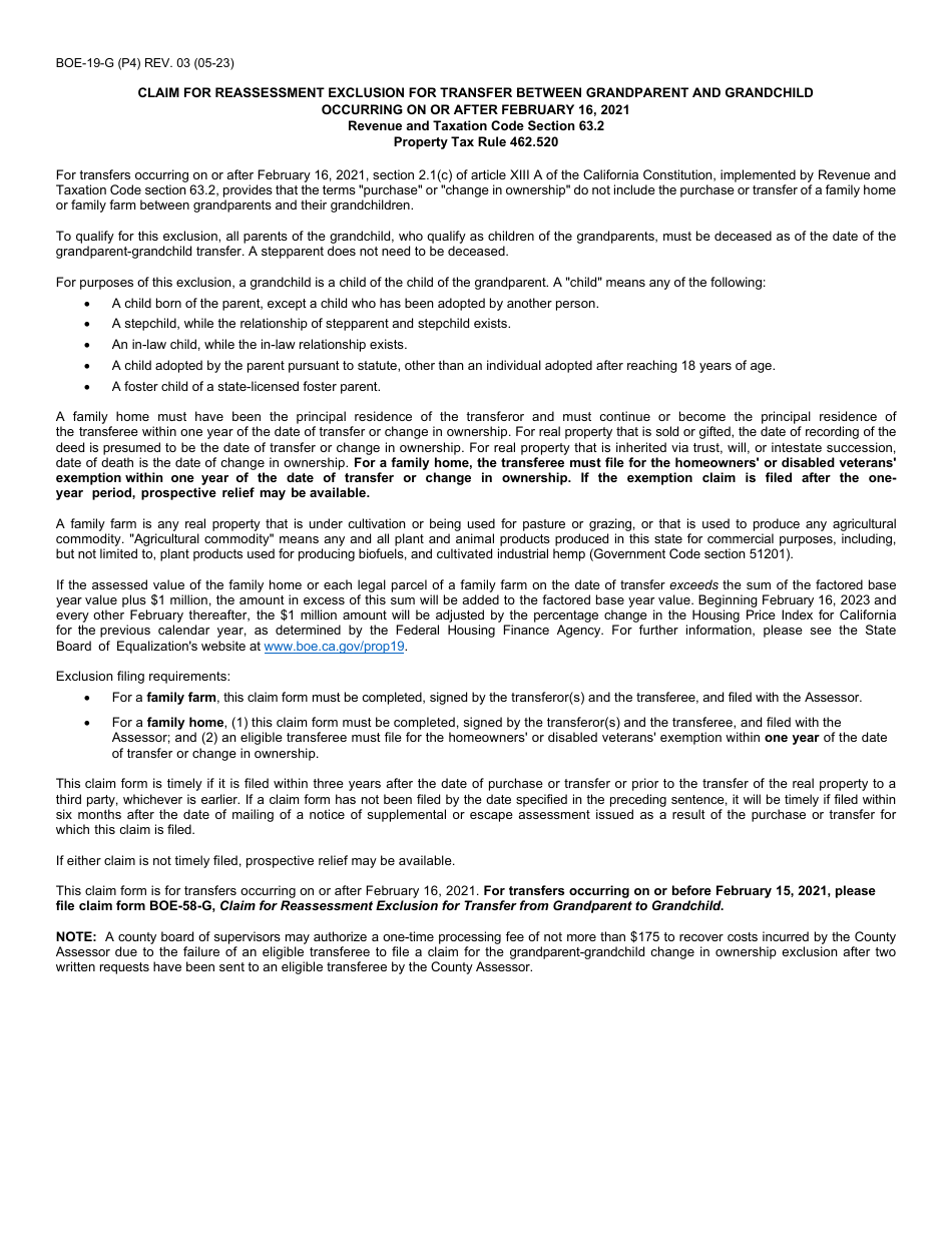 Form BOE-19-G Claim for Reassessment Exclusion for Transfer Between Grandparent and Grandchild Occurring on or After February 16, 2021 - County of Riverside, California, Page 4