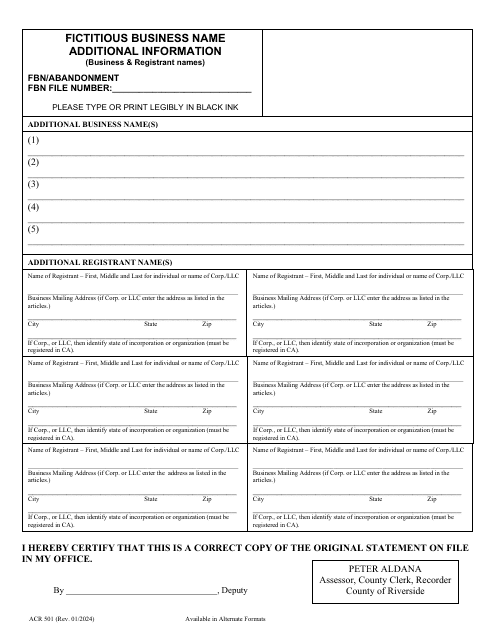 Form ACR501 Fictitious Business Name Additional Information - County of Riverside, California