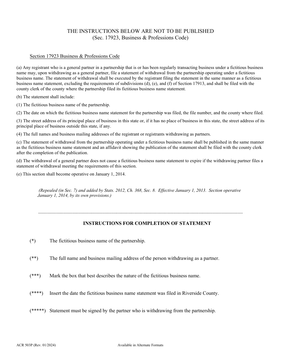 Form ACR503P Statement of Withdrawal From Partnership Operating Under Fictitious Business Name - County of Riverside, California, Page 2