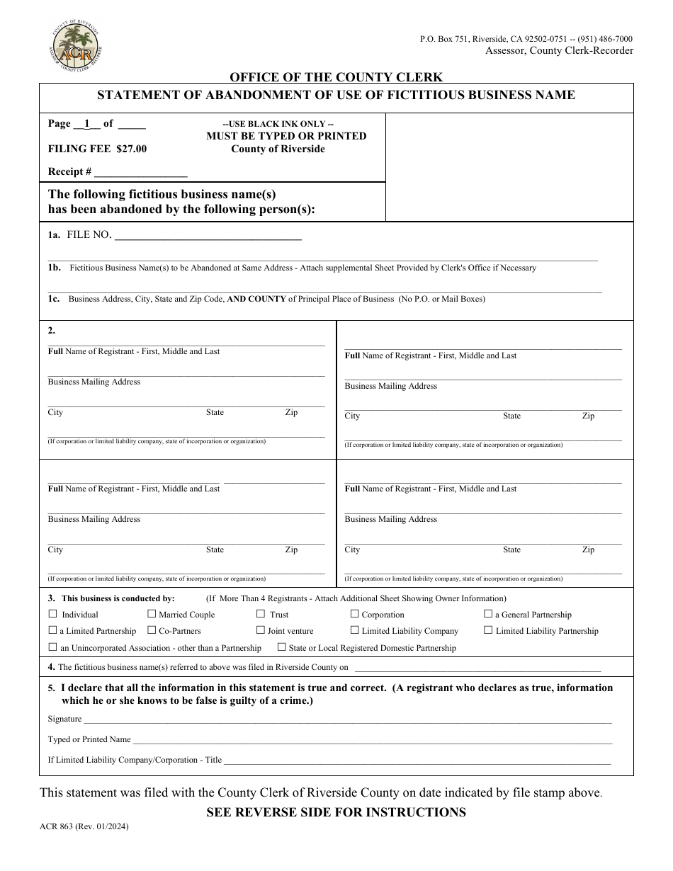Form ACR863 Statement of Abandonment of Use of Fictitious Business Name - County of Riverside, California, Page 1