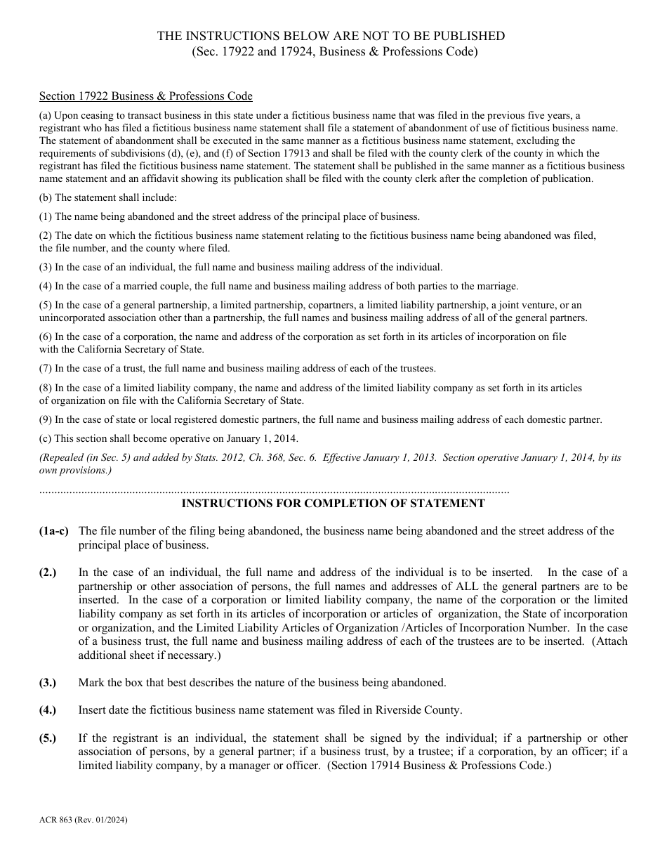 Form ACR863 Statement of Abandonment of Use of Fictitious Business Name - County of Riverside, California, Page 2
