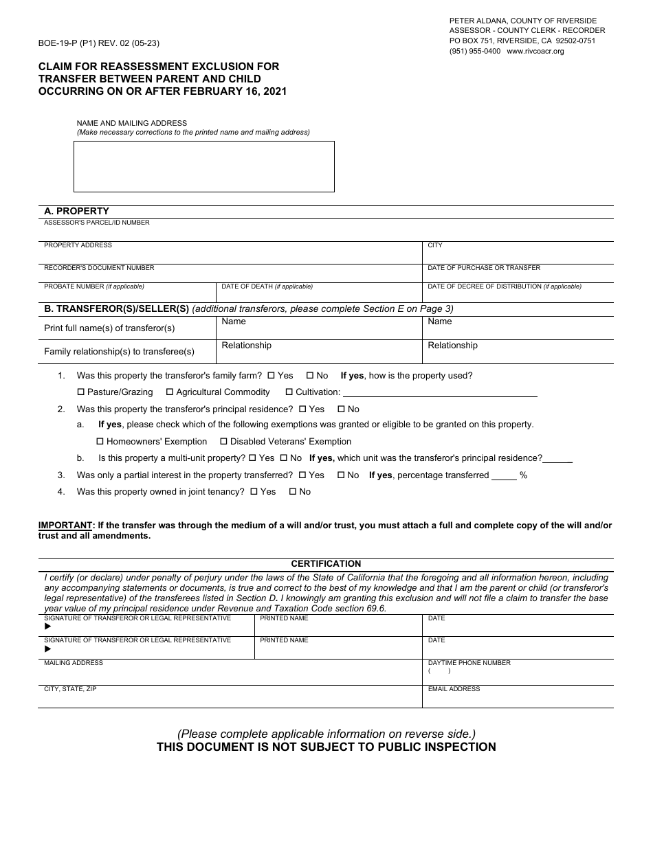 Form BOE-19-P Download Fillable PDF or Fill Online Claim for ...