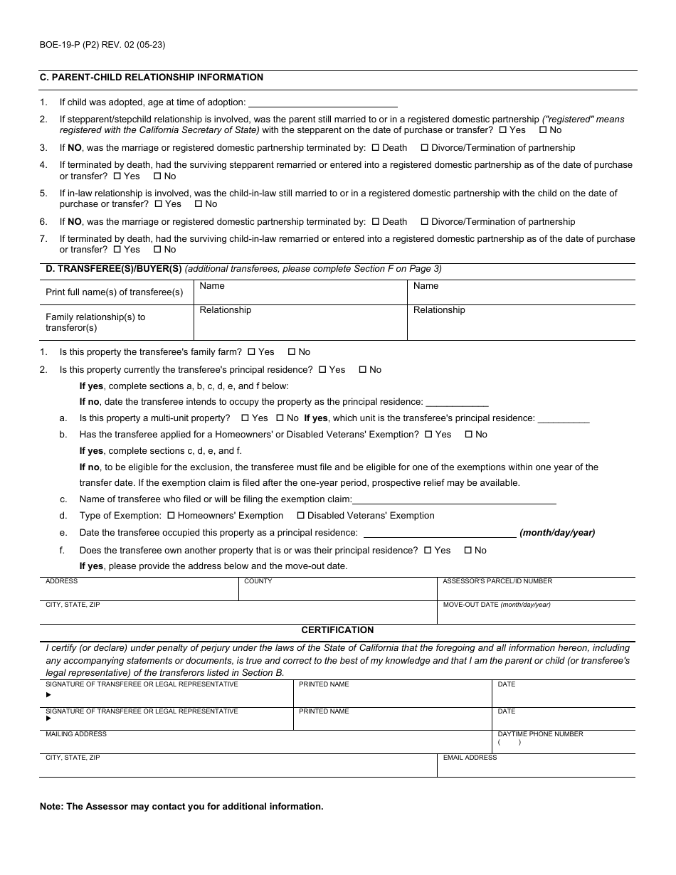 Form BOE-19-P Claim for Reassessment Exclusion for Transfer Between Parent and Child Occurring on or After February 16, 2021 - County of Riverside, California, Page 2