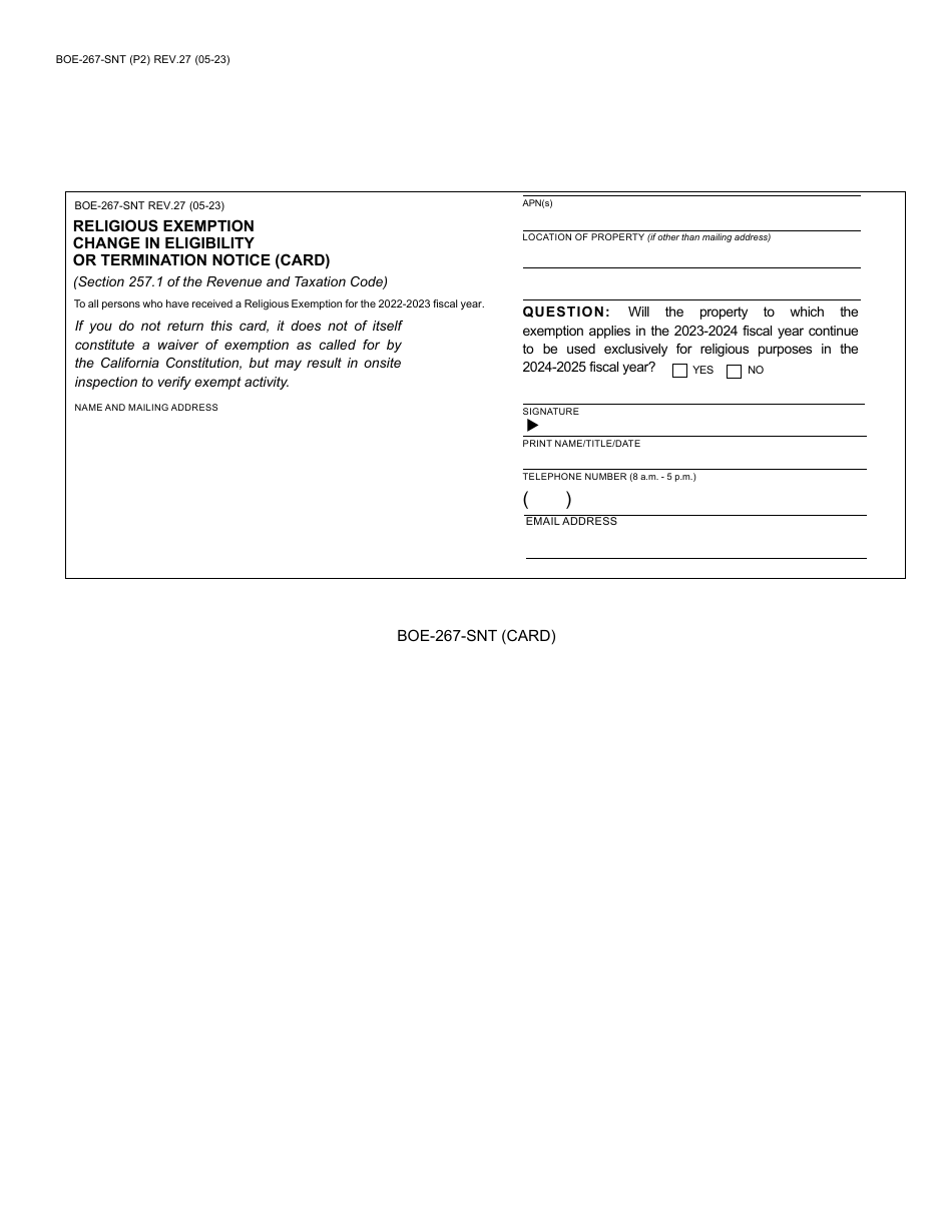 Form BOE-267-SNT Religious Exemption Change in Eligibility or Termination Notice - County of Riverside, California, Page 2